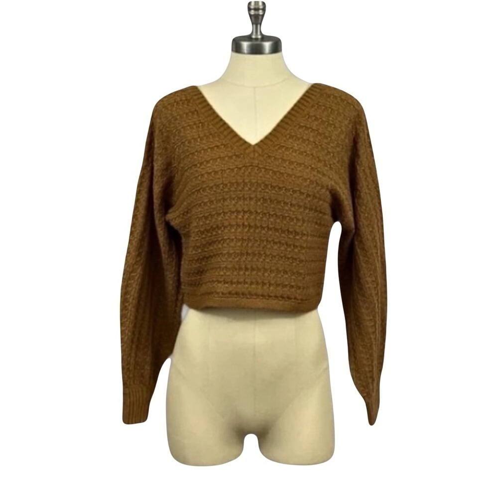 PINK ROSE Knitted Sweater V-Neck Long Sleeves Cutout Back Cropped Length Brown S